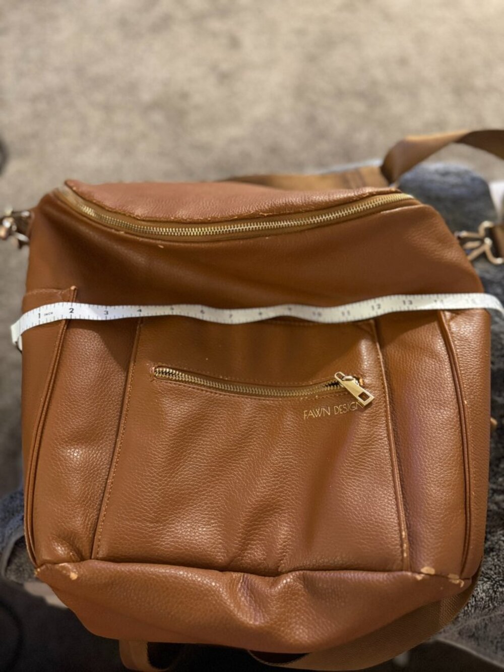Fawn Design Original Brown Vegan Leather Diaper Bag Backpack Cognac Flawed